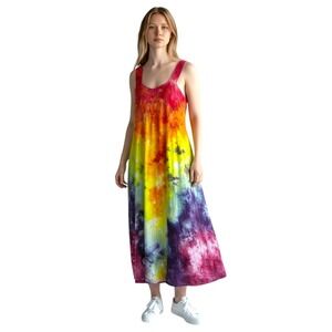 Tie‎ Dye Medium Maxi Dress Handmade Rainbow Eyelet Hem Sleeveless Vacation 1760